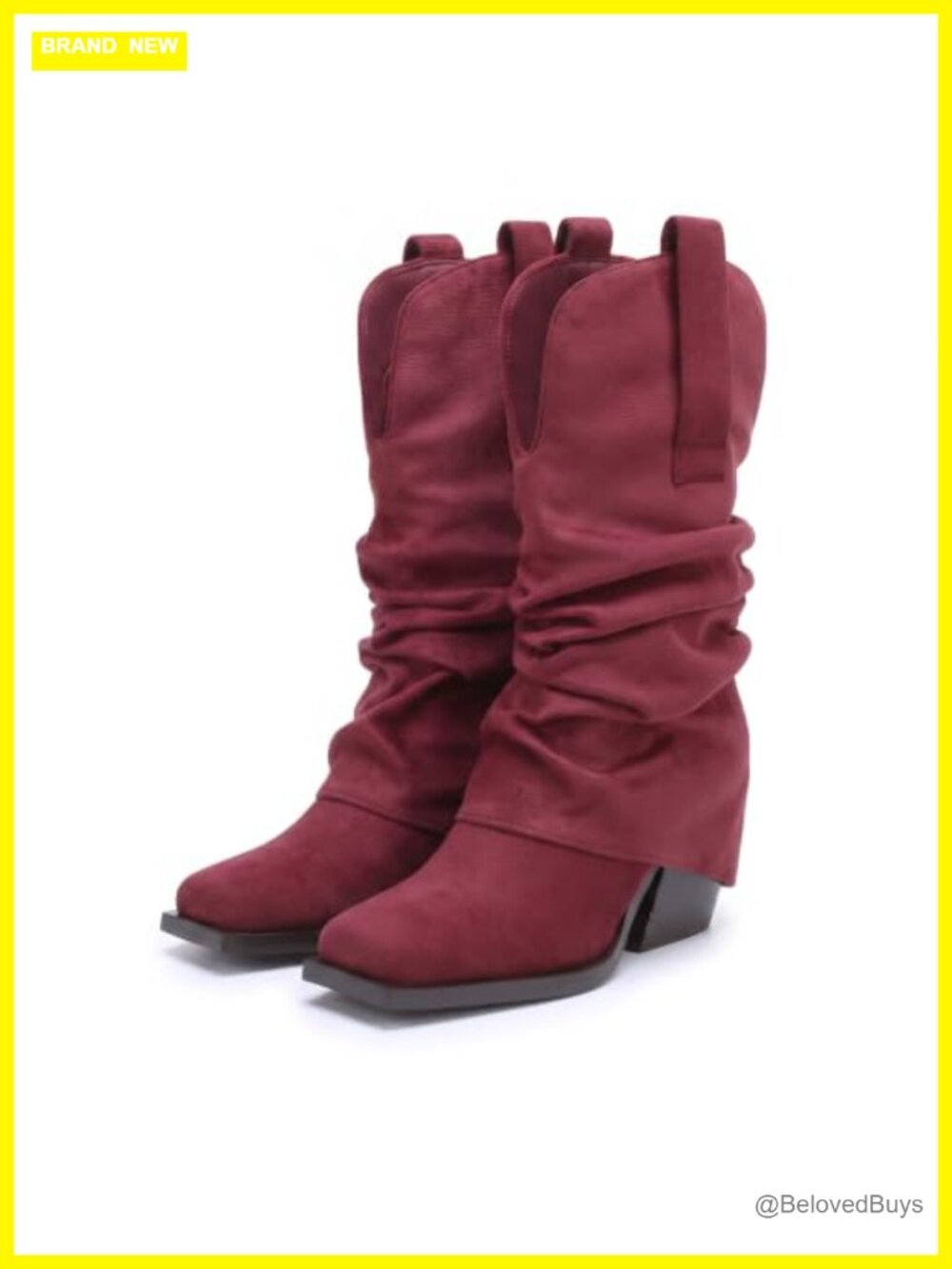 Women's Slouchy Mid Calf Suede Pull On Boots Square Toe Chunky Heel